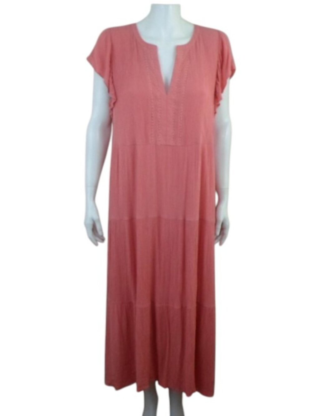 LOFT Coral Pink Gauzy Tiered Midi Dress Womens L Flutter Sleeve Hi Lo Hem